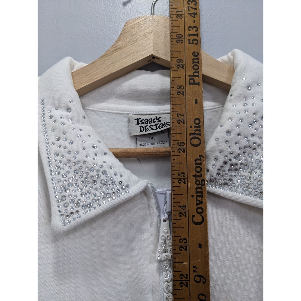 Isaac's‎ DESIGNS Sweatshirt Jacket Zip Embellished Sparkly Rhinestones White 1XL - Picture 12 of 16